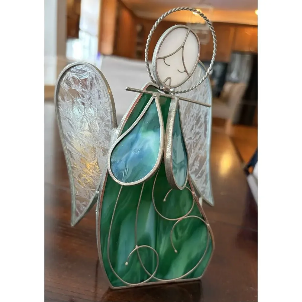 Vintage Stained Glass votive Candle Holder Green & White Angel with Wings. EUC